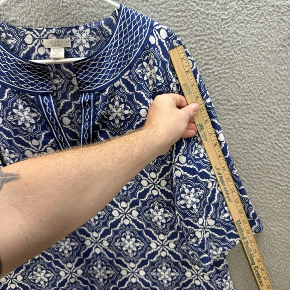 Tweeds Shirt‎ Womens 1X Blue White Geometric Embroidered Linen Blend Coastal